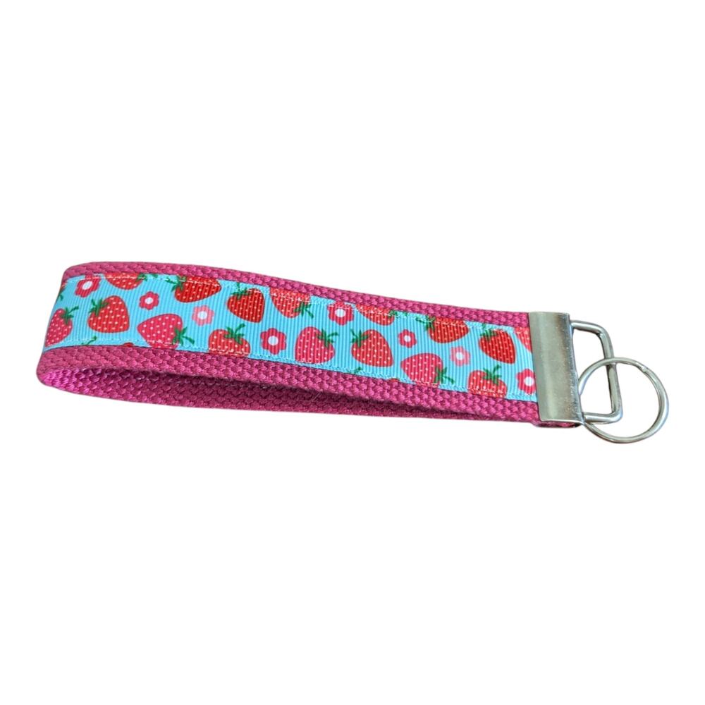 Strawberry Keychain Wristlet Handmade Boho‎ Fabric Key FOB Gift Flowers Berries